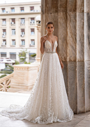Beaded V Neck Ivory Lace Tulle Glitter Wedding Dress